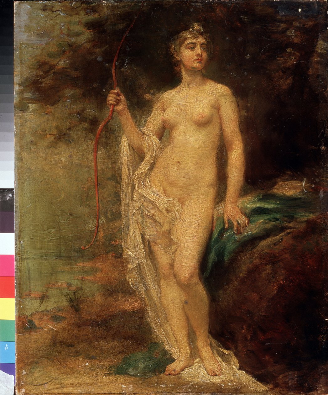 Diana (Diana). Çıplak tanrıça, ormandaki bir nehrin yanında yayını tutuyor, yüzü kibirli bir şekilde. Ernest Karlovich Liphart
