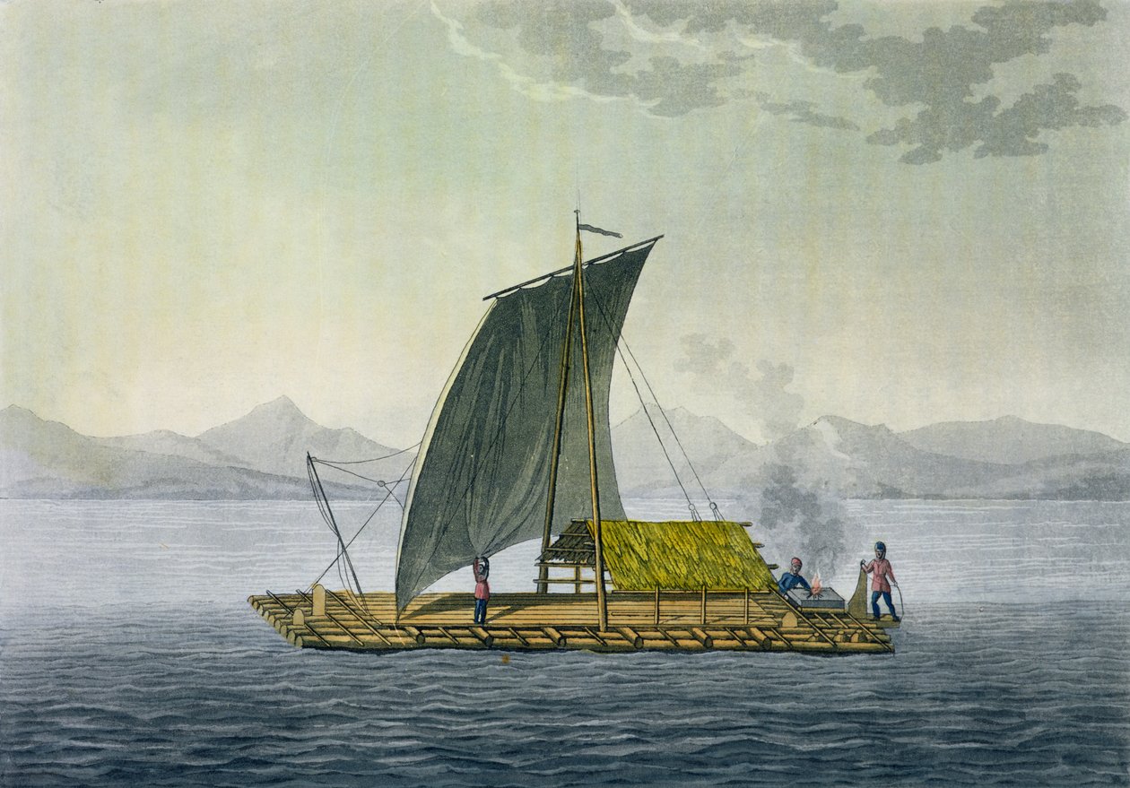 Guayaquil, Ekvador limanından ayrılan bir sal, 'Le Costume Ancien et Moderne', Cilt II, plaka 9, Jules Ferrario tarafından, Paolo Fumagalli tarafından oyulmuş, c.1820s-30s yayınlandı by Baron Friedrich Alexander von Humboldt