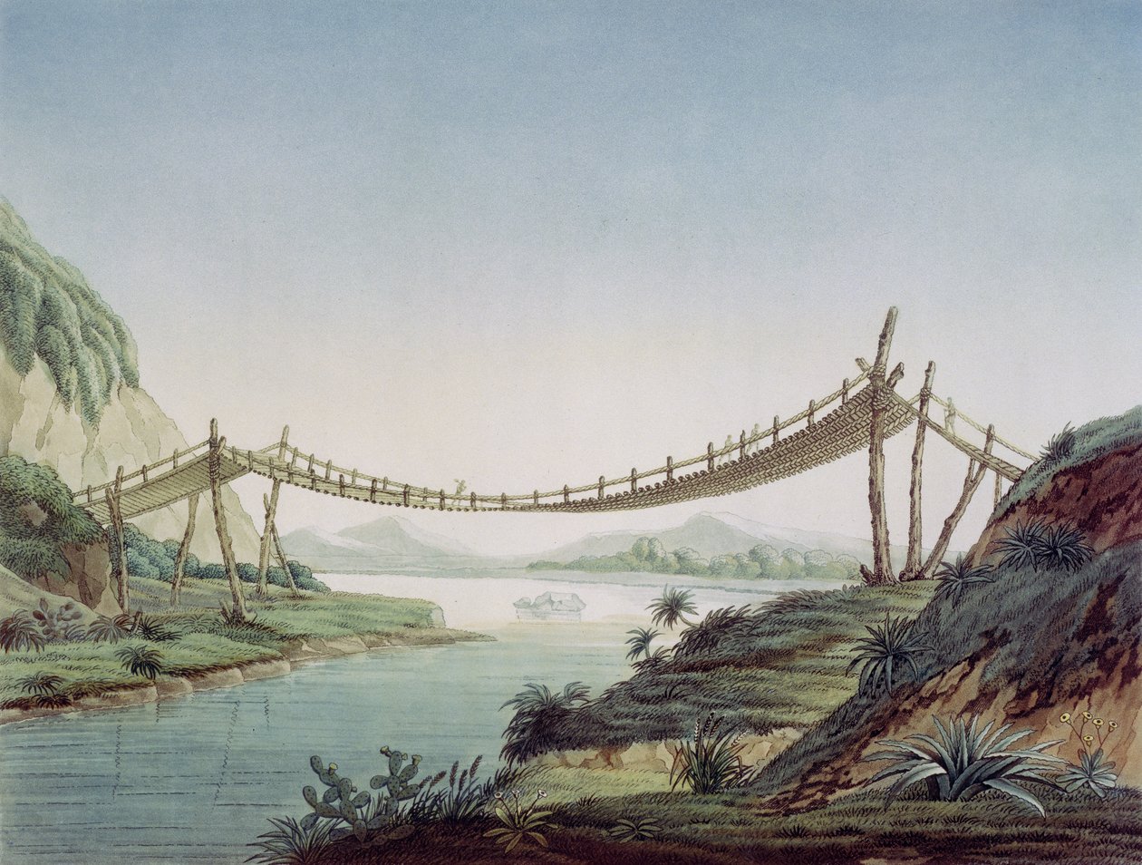 ಪೆನಿಪೆ ಬಳಿ ಹಗ್ಗ ಸೇತುವೆ, 1810 ಟರ್ಕ್‌ನ ಮೆಕ್ಸಿಕೊದ ಚಂಬೋ ನದಿಯನ್ನು ದಾಟುತ್ತದೆ by Baron Friedrich Alexander von Humboldt