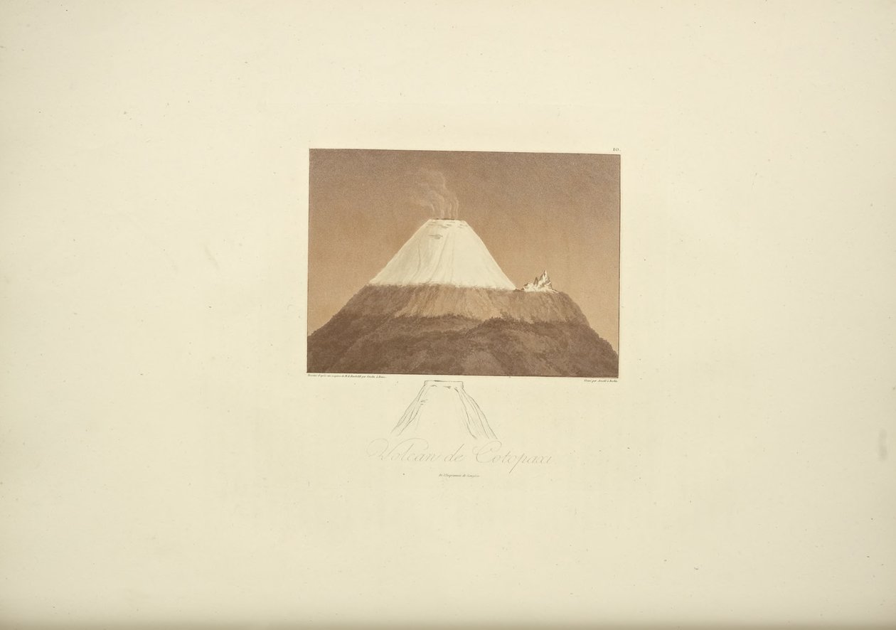 Cotopaxi Volkanı, Gmelin tarafından çizilmiş, Arnold tarafından oyulmuş, Alexander von Humboldt ve Aime Bonpland tarafından "Cordilleraların Görünümleri ve Amerika Yerli Halklarının Anıtları"ndan bir çizim, 1813 by Baron Friedrich Alexander von Humboldt