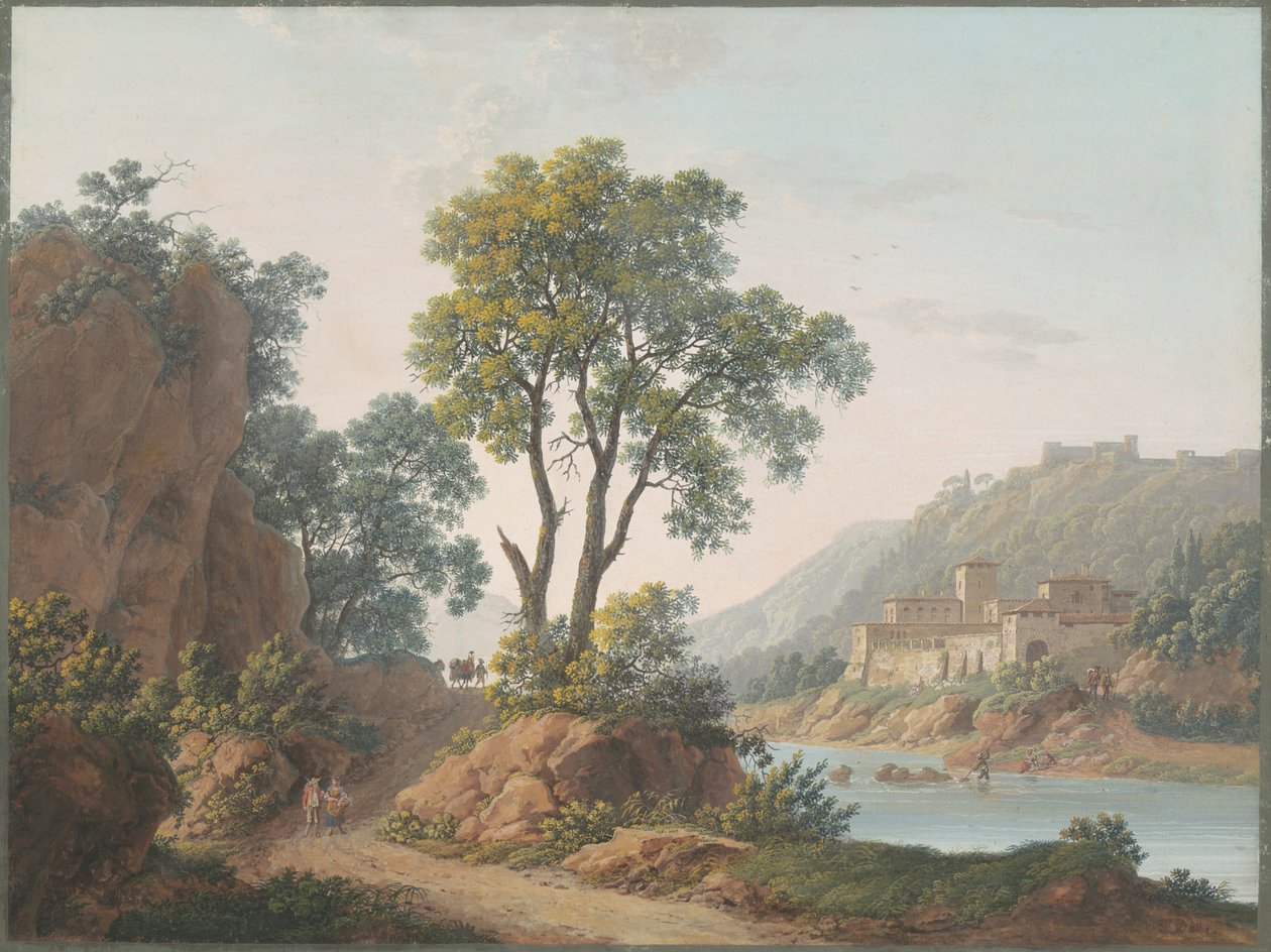 Kaleler ve Gezginlerle Nehir Manzarası by Baron Louis Albert Guillain Bacler d