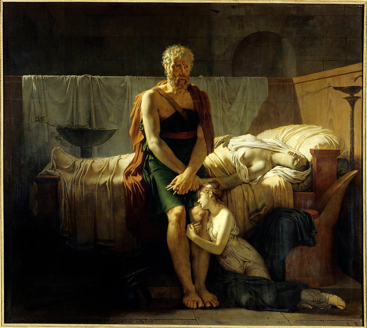 Marcus Sextus'un dönüşü Sylla'nın yasaklarından kaçan Marcus Sextus (hayali figür), dönüşünde, kızını gözyaşları içinde, ölen karısının yanında bulur - Tablo Pierre Narcisse (Pierre-Narcisse) Guerin (1774-1833) 1799 Dim 2 ,17 x 2,43 m Paris by Baron Pierre Narcisse Guerin