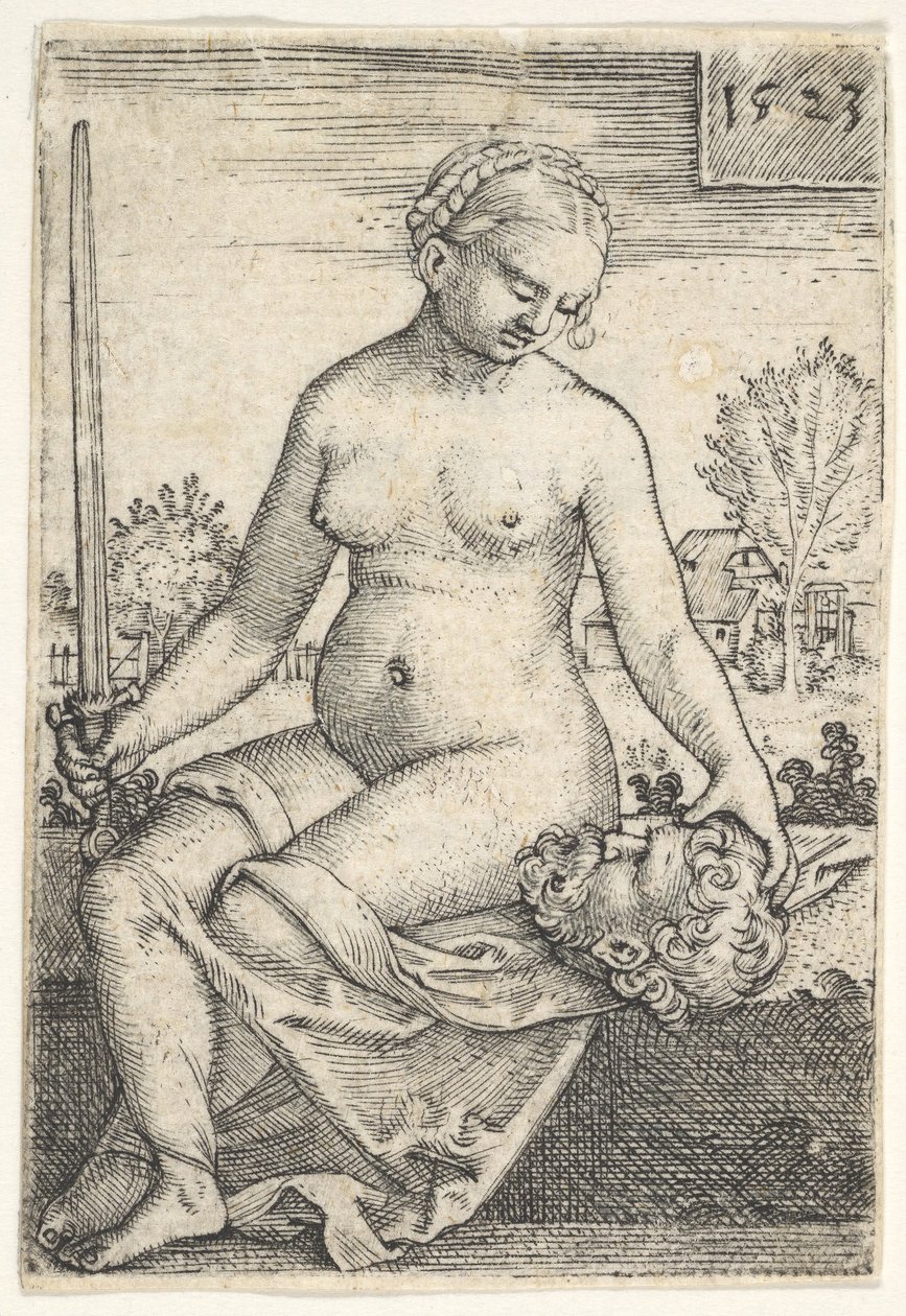 Judith, sağ elinde bir kılıçla çıplak oturuyor, Holofernes