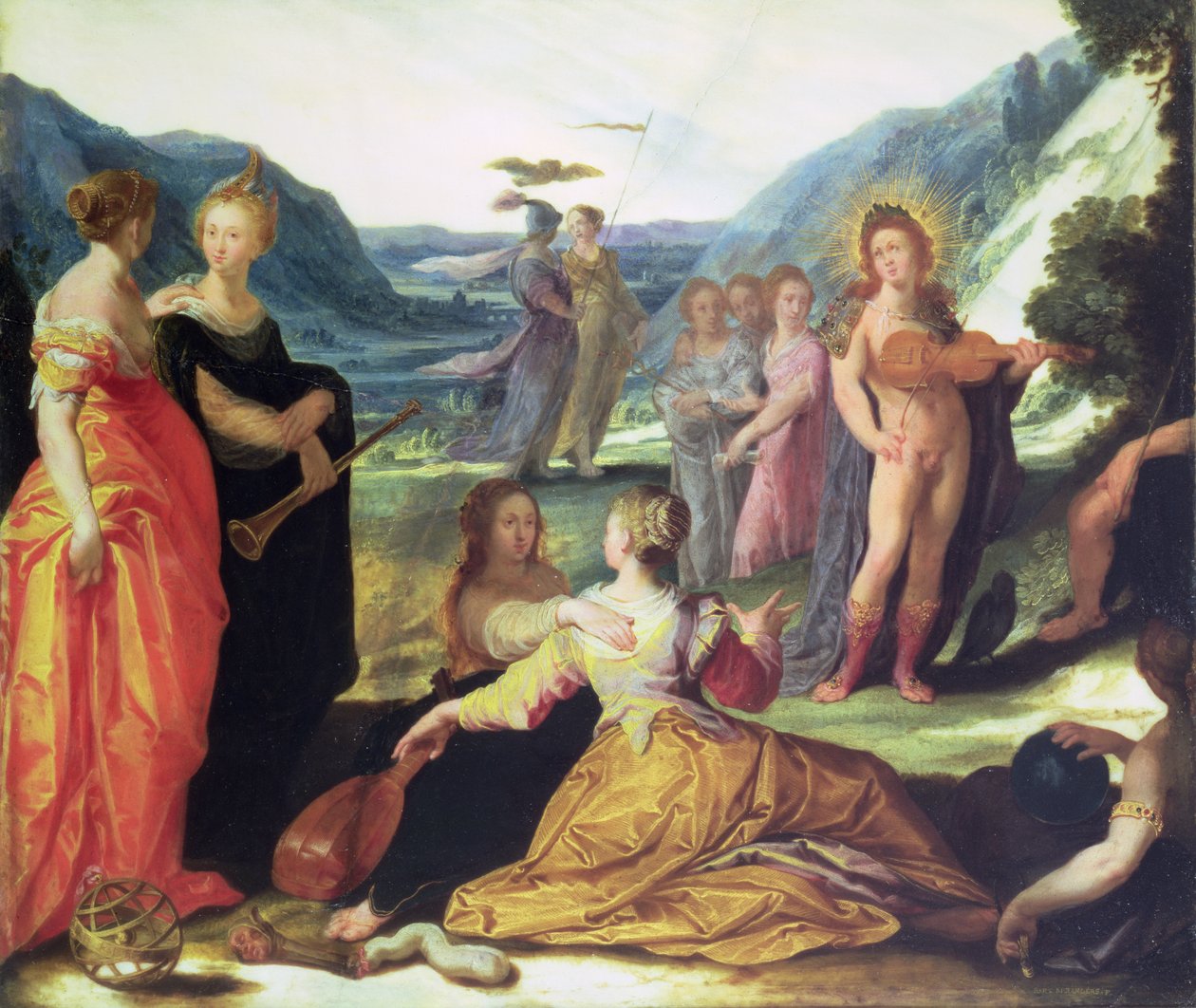 Apollo, Pallas ve İlham Perileri, 16. yüzyıl (mermer üzerine yağlı boya) by Bartholomaeus Spranger