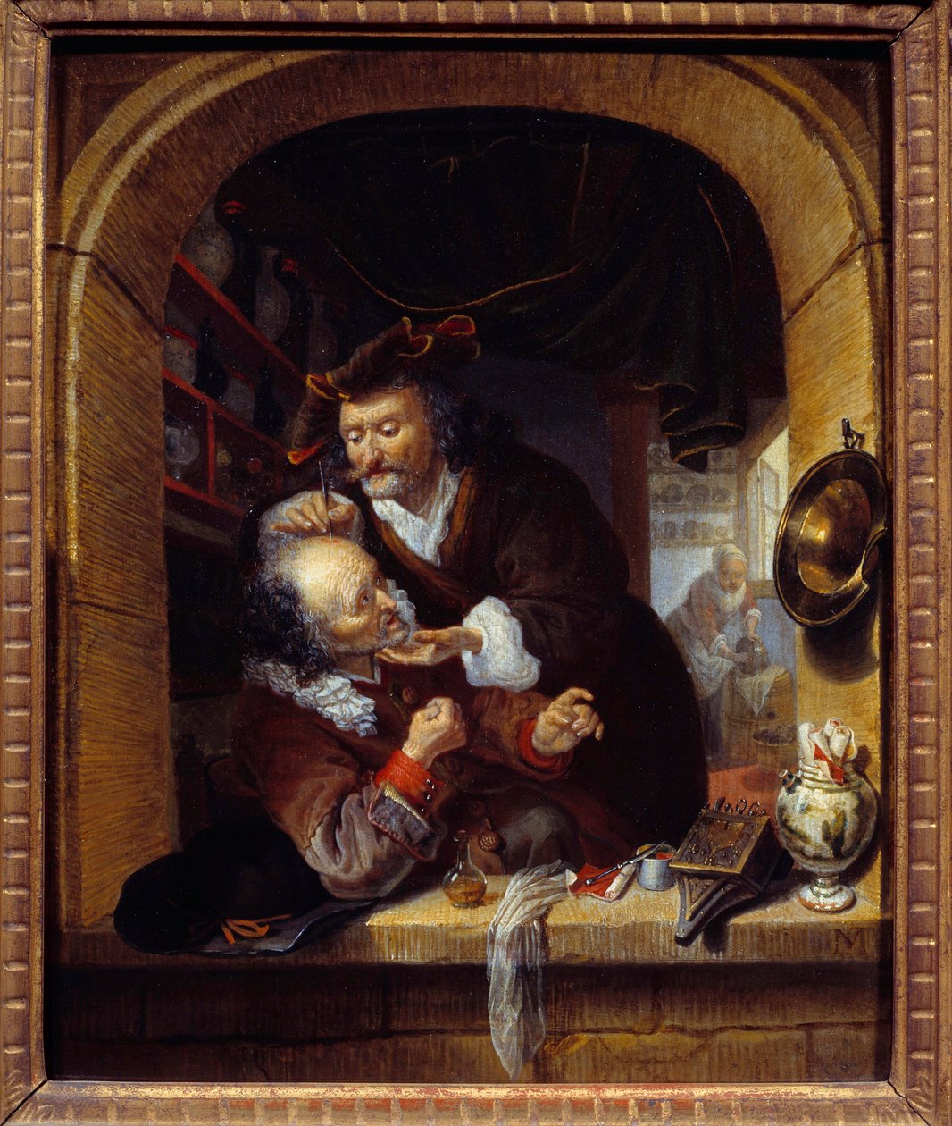 Tıp: “” bir doktor, hastasının baş ağrısını tedavi etmek için küçük bir kanama yapar”” Bartholomeus Maton'un (1643-1684) tablosu 17. yüzyıl Güneşi. 0,27x0,21 m Paris, Musee du Petite Palais by Bartholomaus Maton