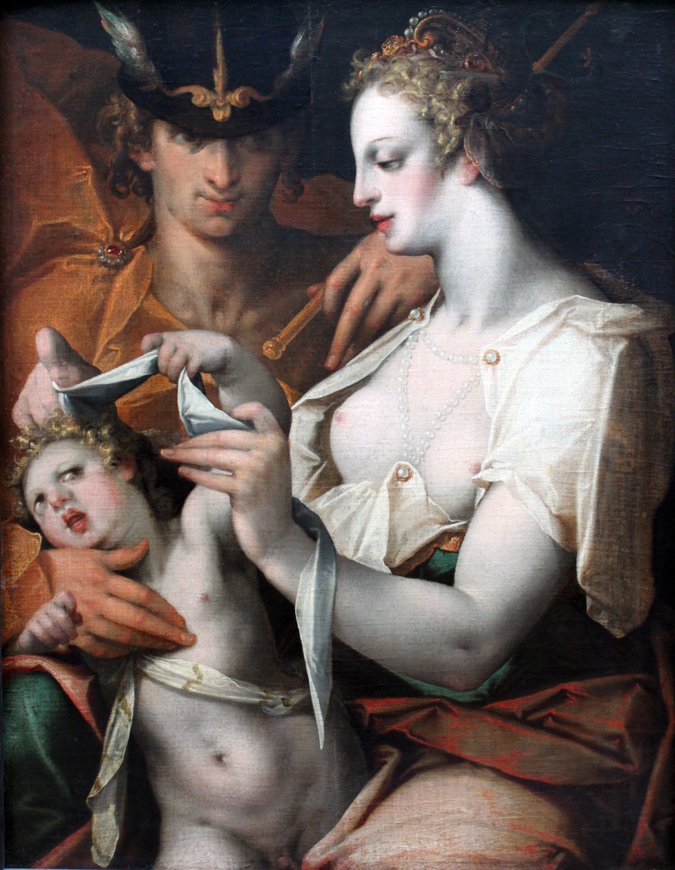 Venüs ve Merkür gözleri bağlı Aşk Tanrısı by Bartholomaeus Spranger