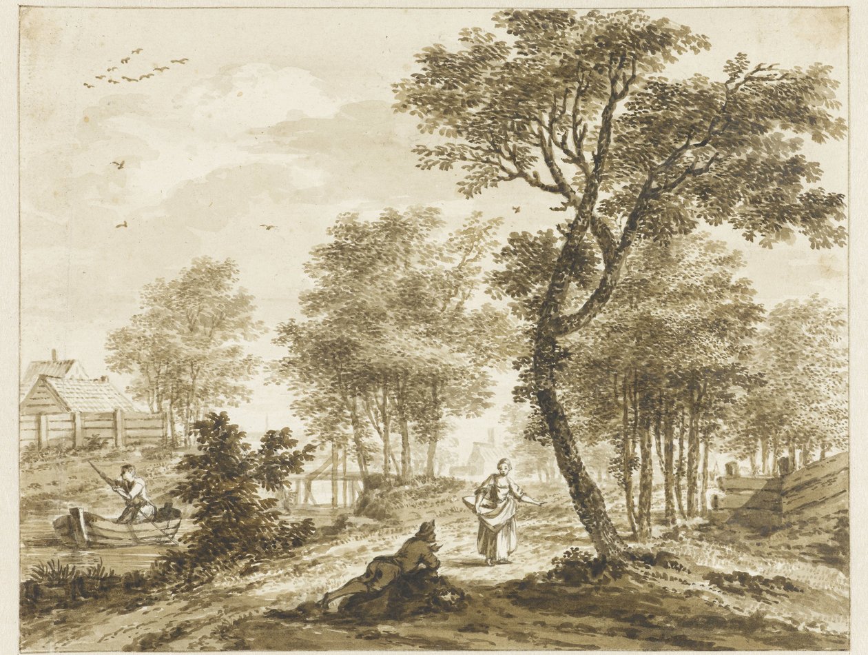 Rakamlarla manzara ve solda bir punt içinde bir adam by Bartholomeus Barbiers