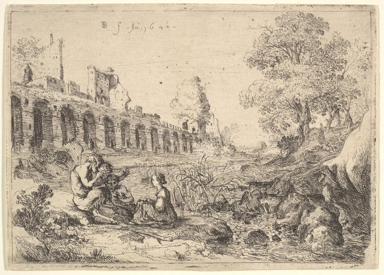 Korsika, Battista Gu..., 1640 için bir çift tabaktan bir nehir kıyısında satirlerin önünde oturuyor. by Bartholomeus Breenbergh