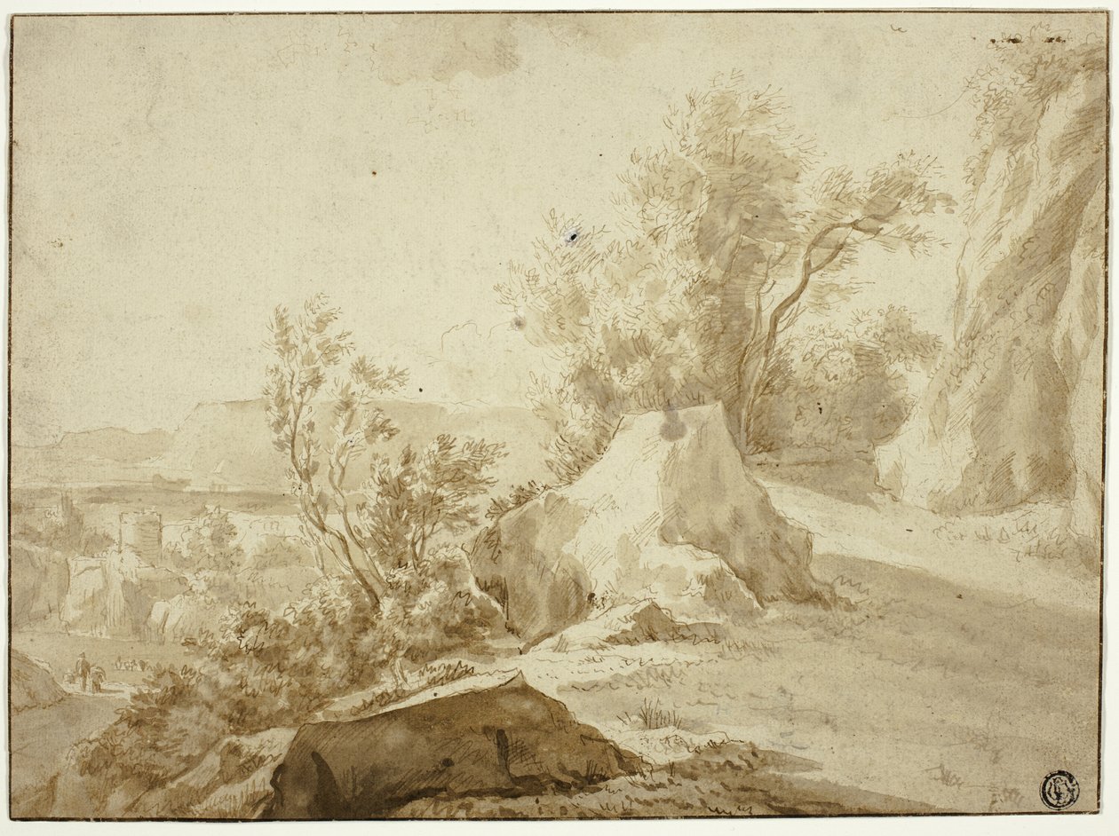 Aşağıdaki Kayalar ve Dağ Yolu, Figürler ve Kasaba by Bartholomeus Breenbergh