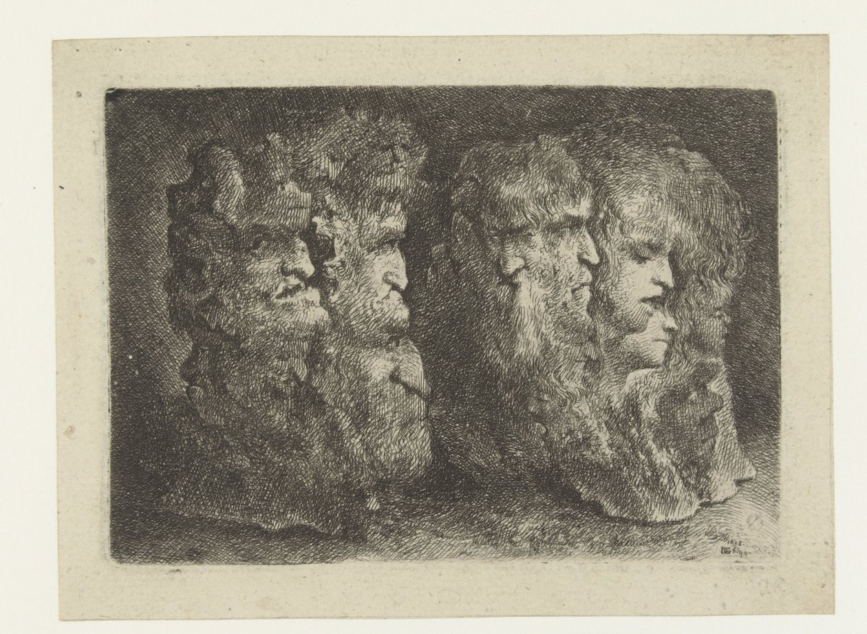 Erkeklerin, hayvanların ve maskaraların farklı kafaları by Bartholomeus Breenbergh