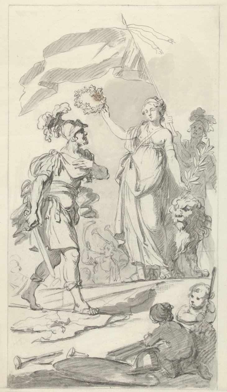 Cesur Batavian, Hollandalı Bakire tarafından taç giydirildi, 1799 17 Aralık 1799 barışını kutlayan ulusal festivaldeki anıt için tasarımlar (seri başlığı) by Bartholomeus Ziesenis