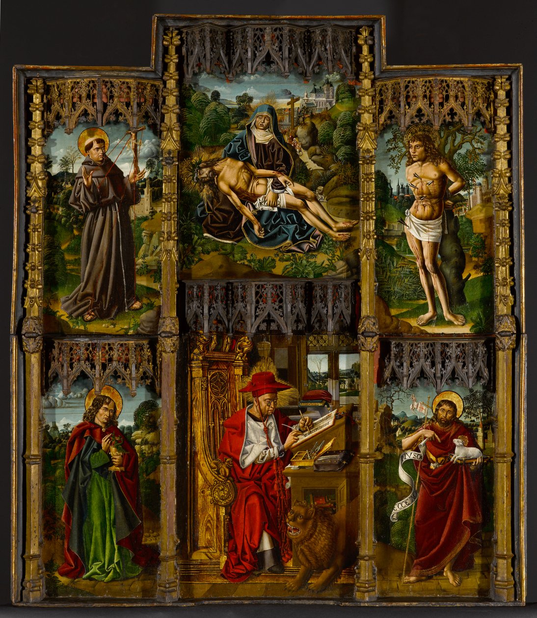 Portatif Altarpiece: Pietà, Aziz Francis, Sebastian, Evangelist Yahya, Jerome ve Vaftizci Yahya, c.1500 by Bartolomé Bermejo