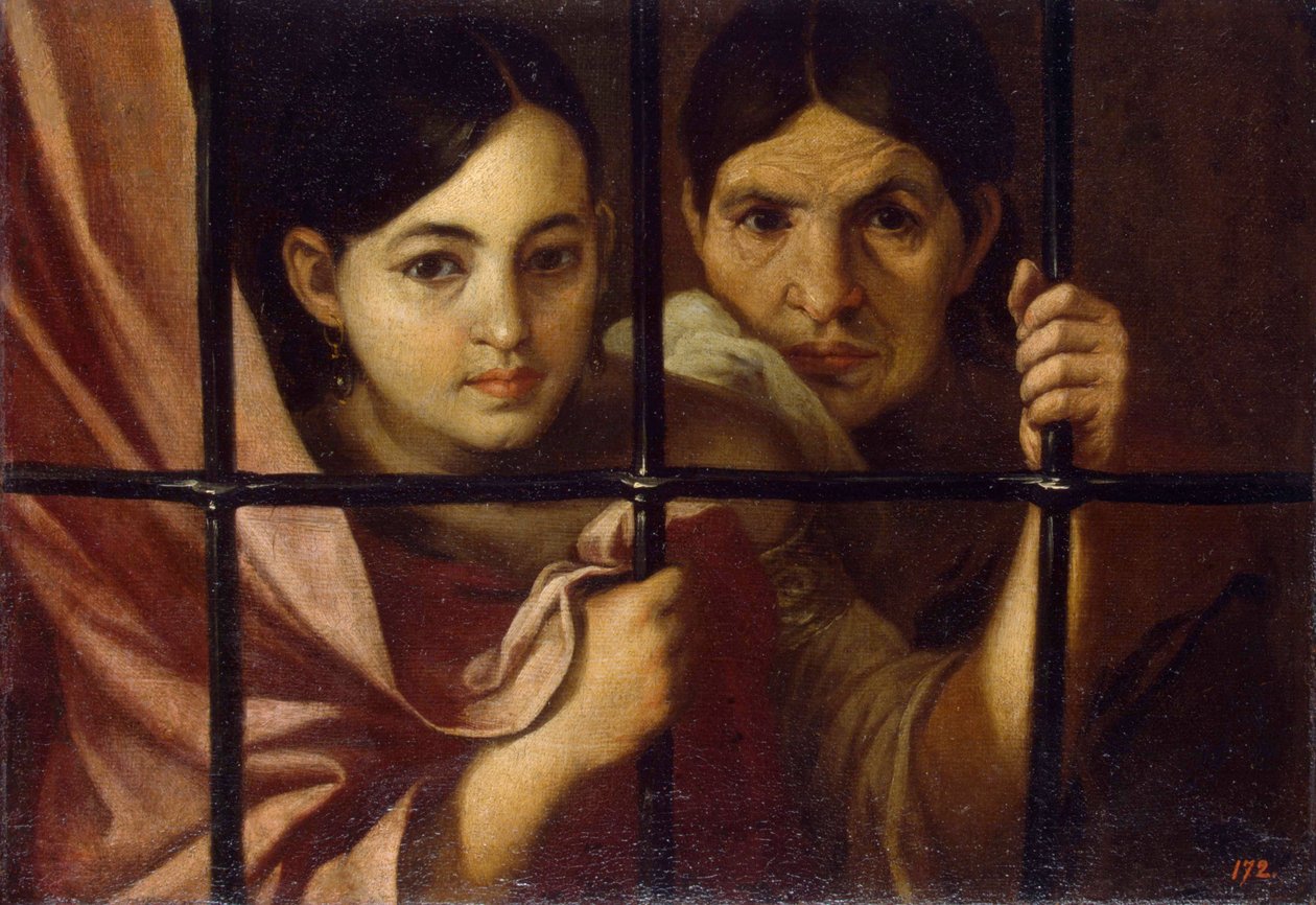 Deux femmes derriere une ızgara (Bir Izgaranın Arkasında İki Kadın) - Bartolome Esteban Murillo (1617-1682), tuval üzerine yağlı boya by Bartolomé Esteban Murillo