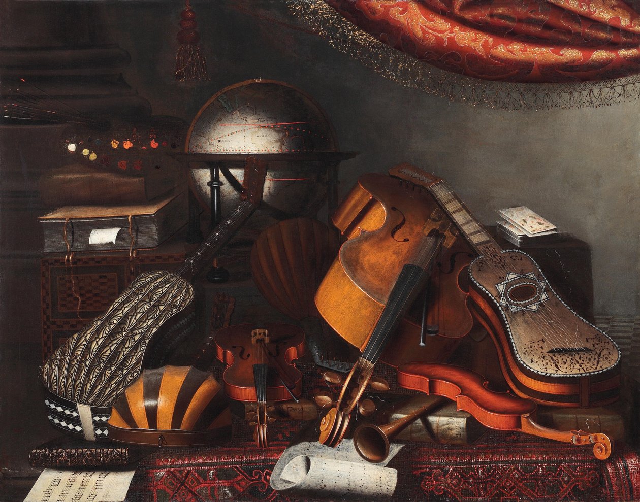 Müzik aletleri, bir küre, kitaplar, oyun kartları ve bir ressamın paleti by Bartolomeo Bettera