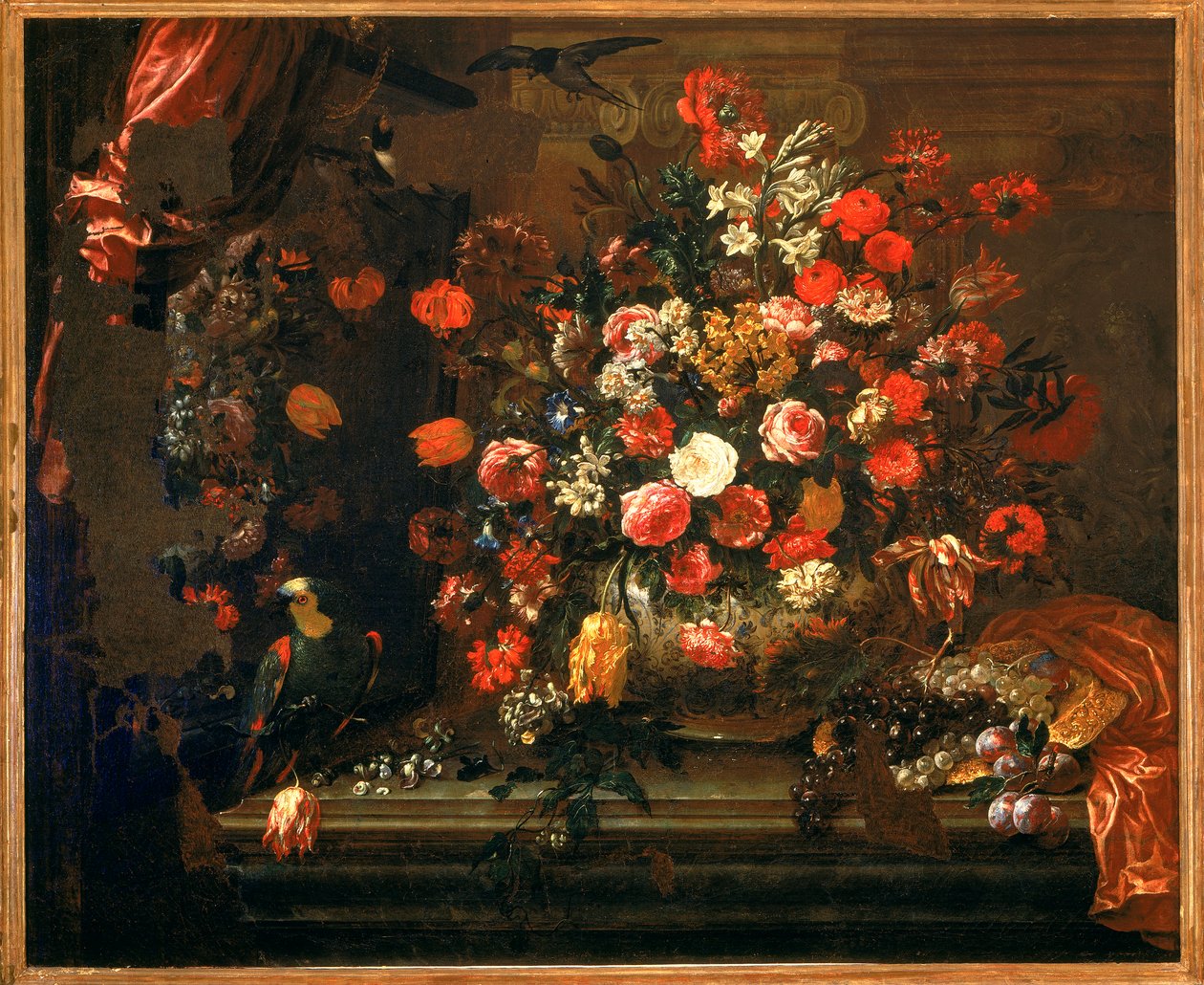 Çiçekler ve meyve ile natürmort by Bartolomeo Bimbi