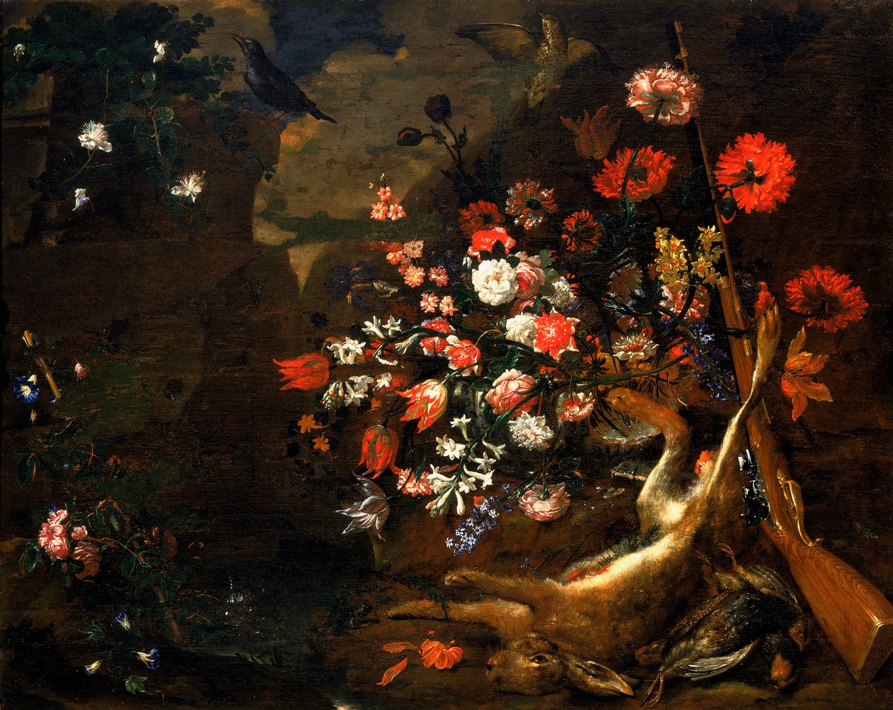 Çiçekler ve oyun ile natürmort by Bartolomeo Bimbi