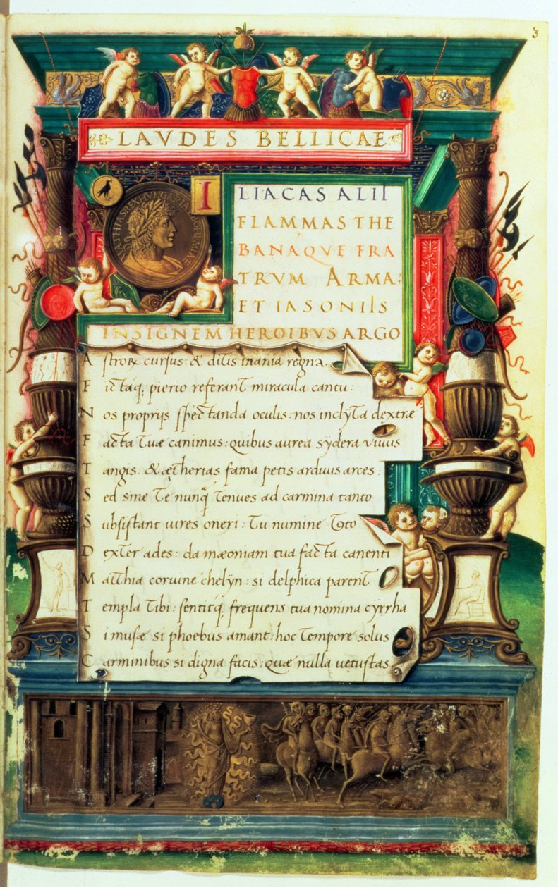 Ms 85.I.I.Aug.2, f.3r Matthias Corvinus için Sunum el yazması, Laudes Bellicae