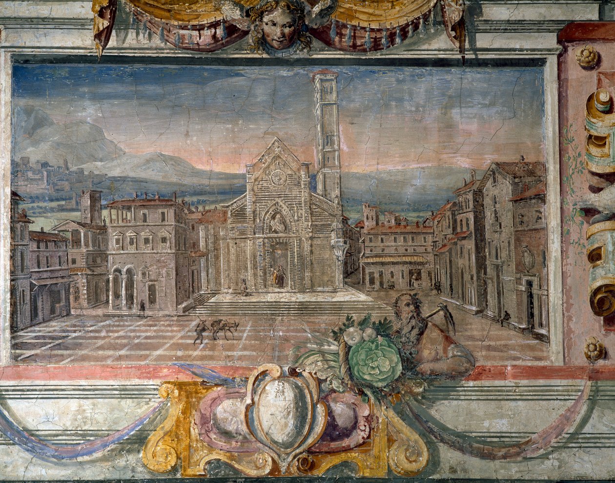 Yatak odası, Medici yönetimi altındaki kasabaları tasvir eden friz detayı, muhtemelen Lucca, 1564-75 fresk by Bartolomeo Ammannati