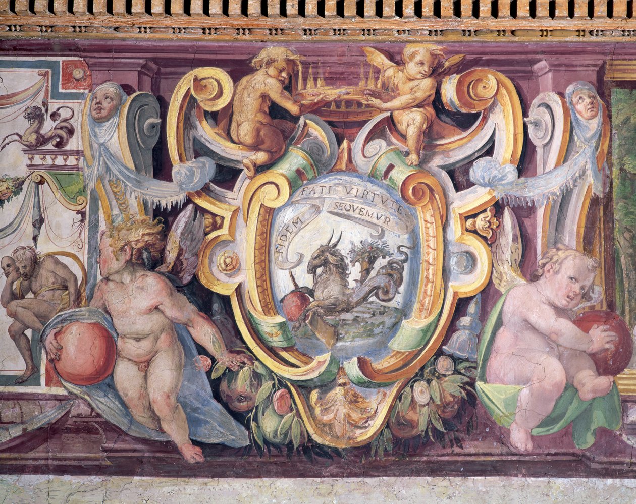 Toskana Büyük Dükü Sala del Granduca di Toscana Salonu Zodyak, Oğlak burcu, Francesco deMedici amblemi 1541-87 1564-75 fresk işaretlerini gösteren friz detay by Bartolomeo Ammannati
