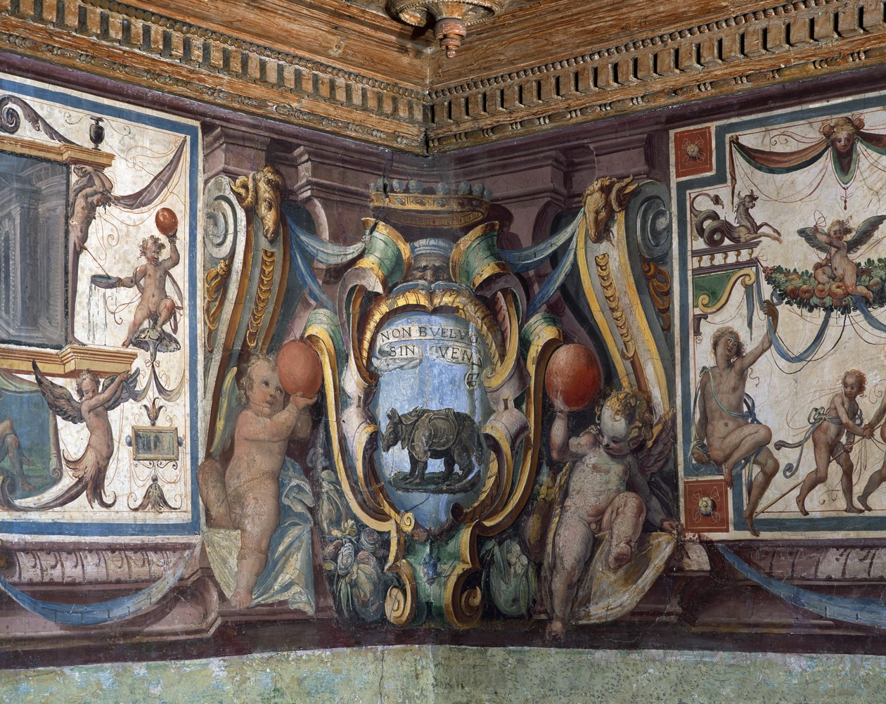 Toskana Büyük Dükü Sala del Granduca di Toscana Salonu Zodyak, gergedan, 1564-75 fresk belirtilerini gösteren frizin detayı by Bartolomeo Ammannati