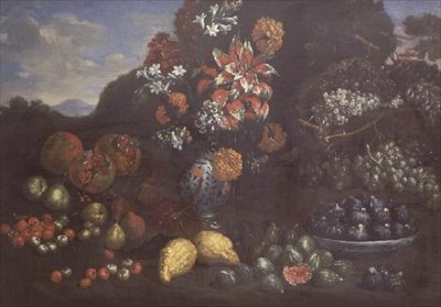Manzarada Meyveli Maiolica Sürahisindeki Çiçekler by Bartolomeo Bimbi