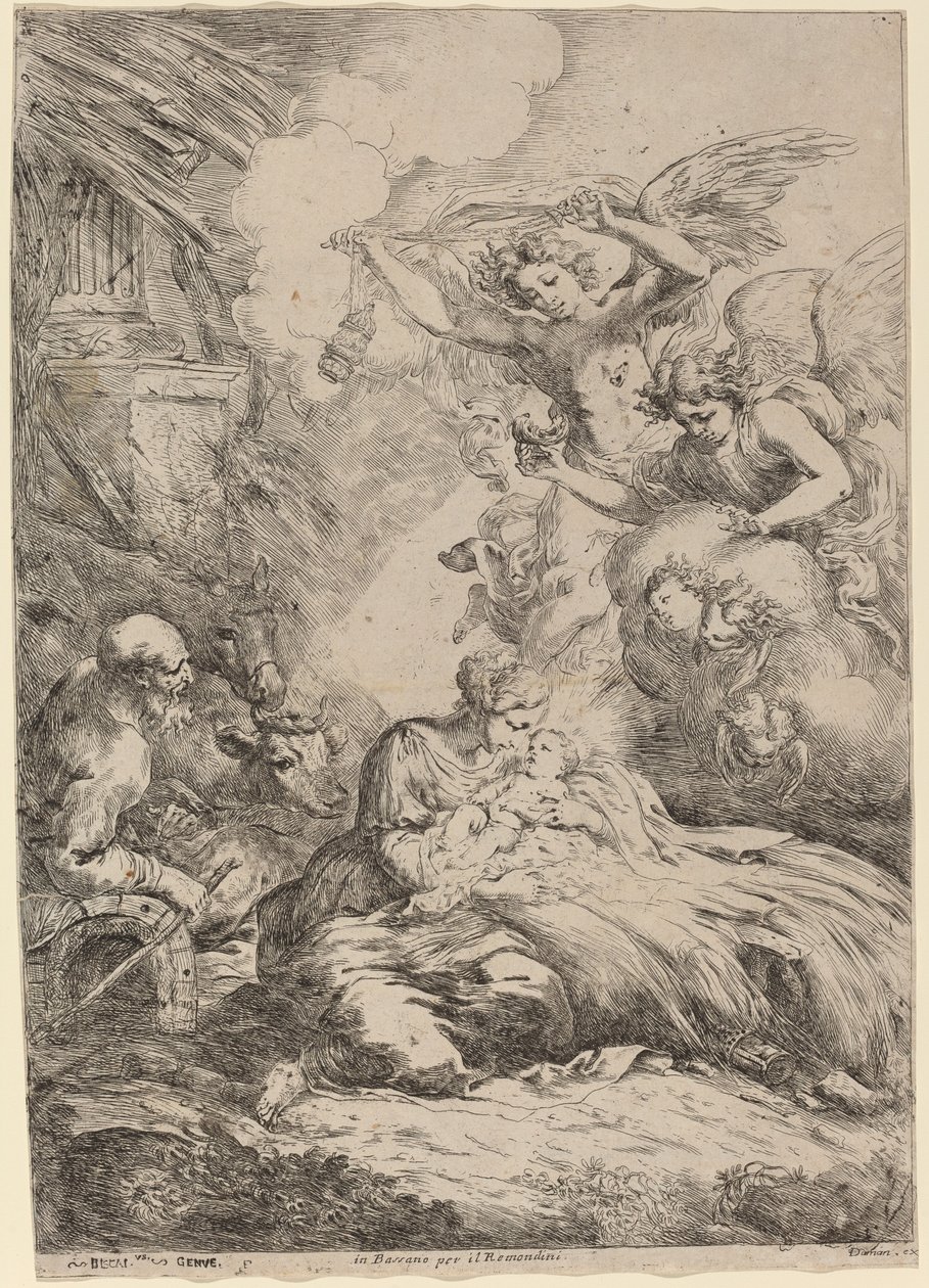 Meleklerin Taptığı Kutsal Aile (Büyük Doğuş) by Bartolomeo Biscaino