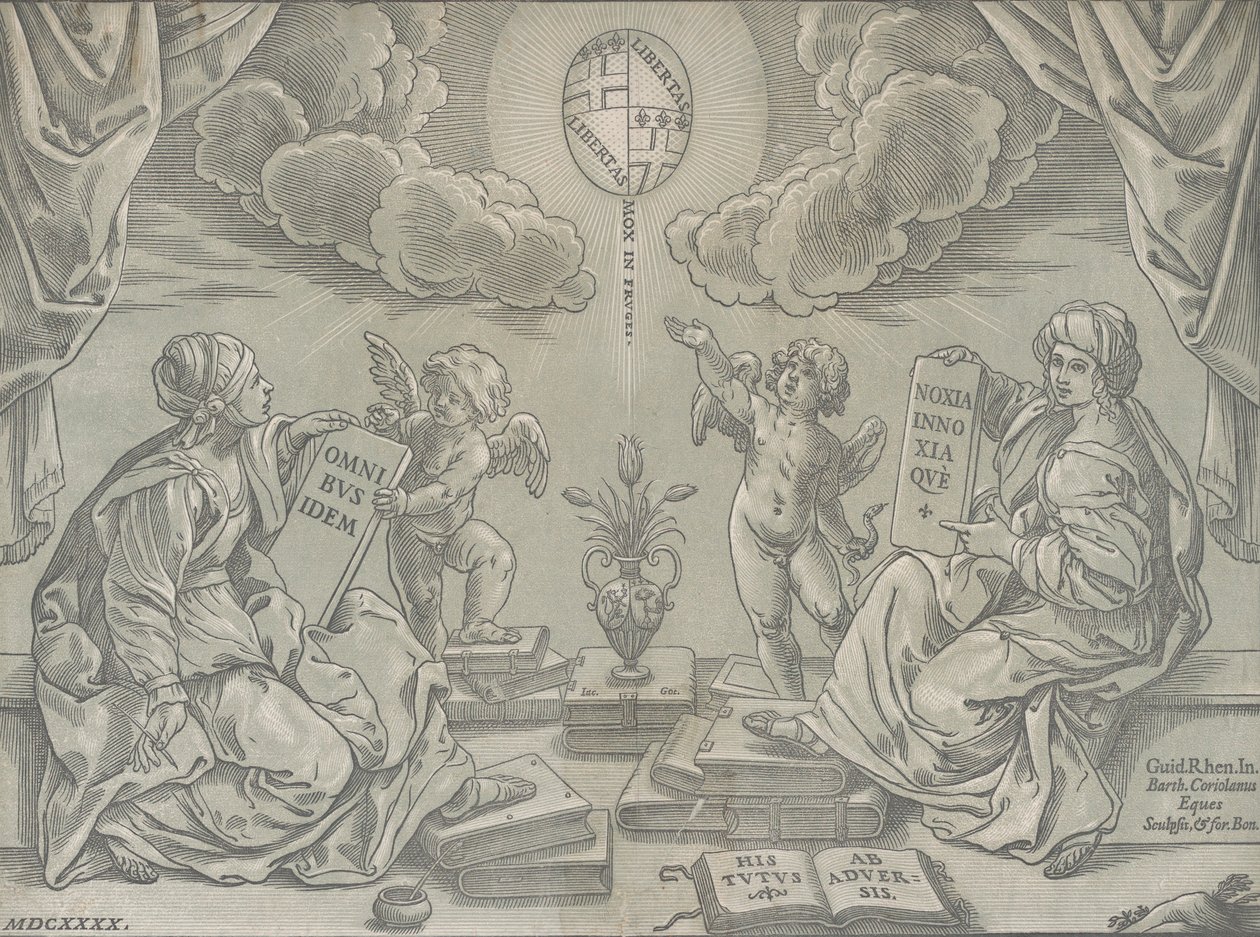 Bir tezin alegorisi, iki kadının elinde yazılı tabletler, 1640. by Bartolomeo Coriolano