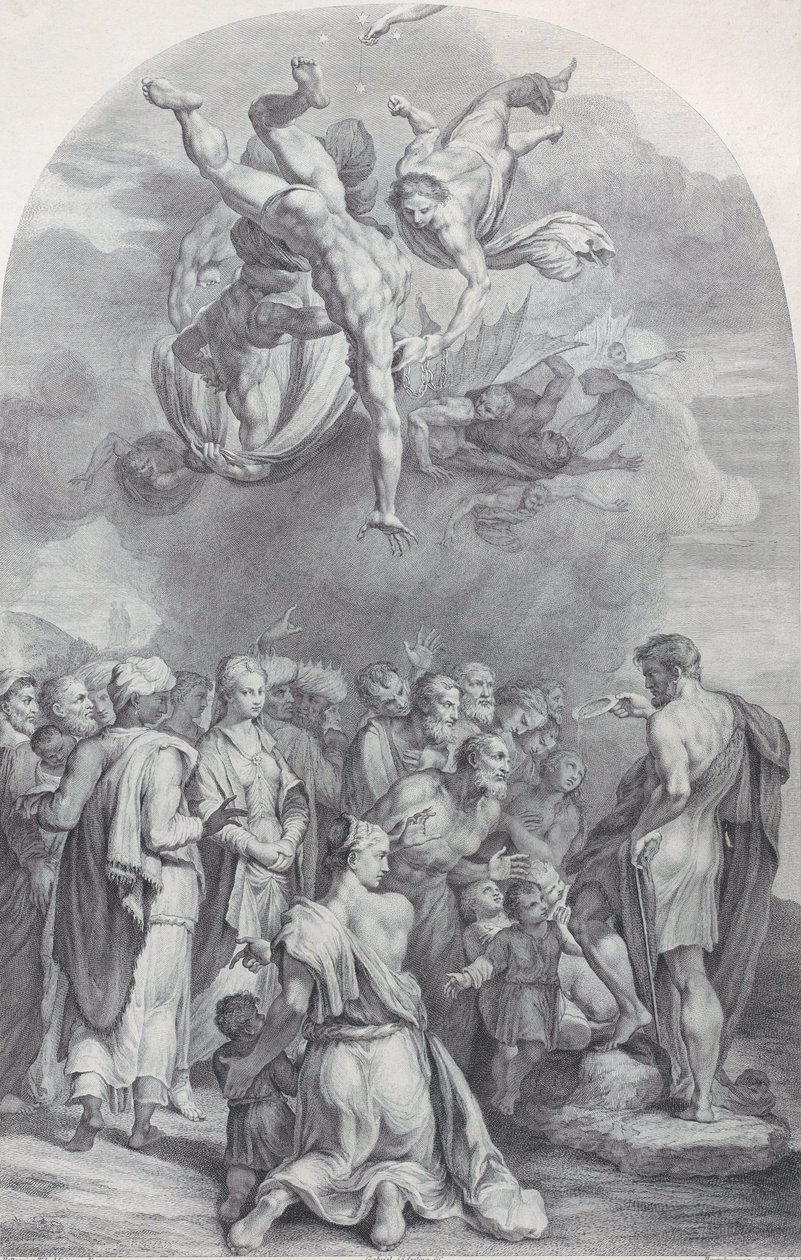 Levha 41: Vaftizci Yahya büyük bir kalabalığa vaaz veriyor ve çocukları vaftiz ediyor, 1756. Yaratıcılar: Bartolomeo Crivellari, Gabriel Söderling. by Bartolomeo Crivellari, Gabriel Söderling