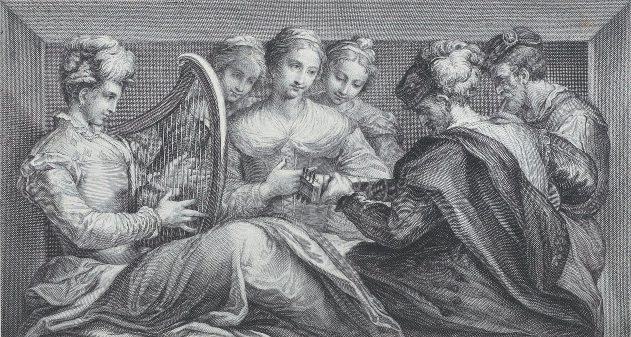 Arp ve gitar çalan zarif giyimli bir grup insan, 1740-68 by Bartolomeo Crivellari