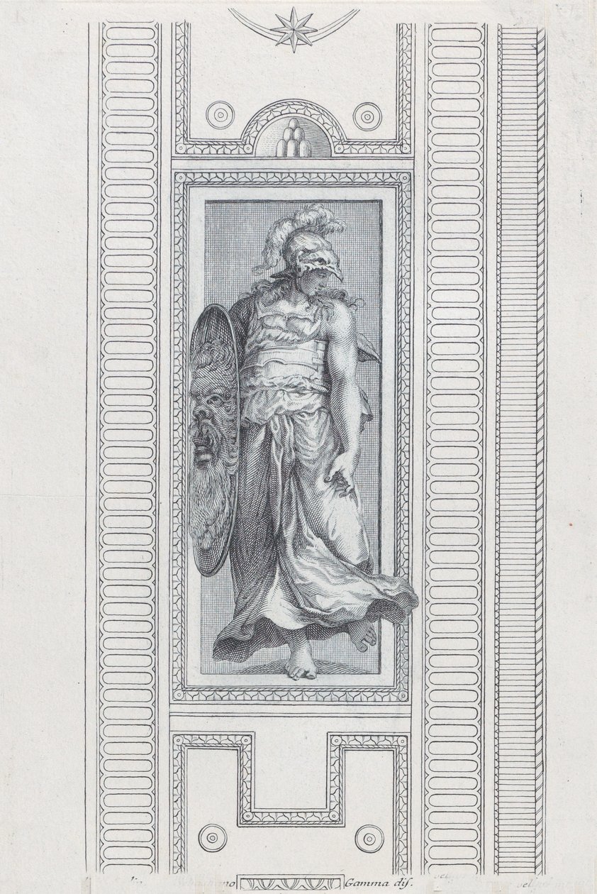 Levha 15: miğfer takan ve kalkan tutan mitolojik figür, 1756 by Bartolomeo Crivellari