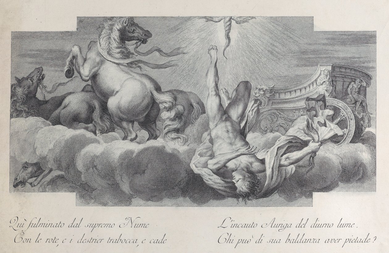Levha 34: Araba sürücüsü Auriga, ortadaki arabadan düşüyor, sol tarafta üç atla..., 1756 by Bartolomeo Crivellari
