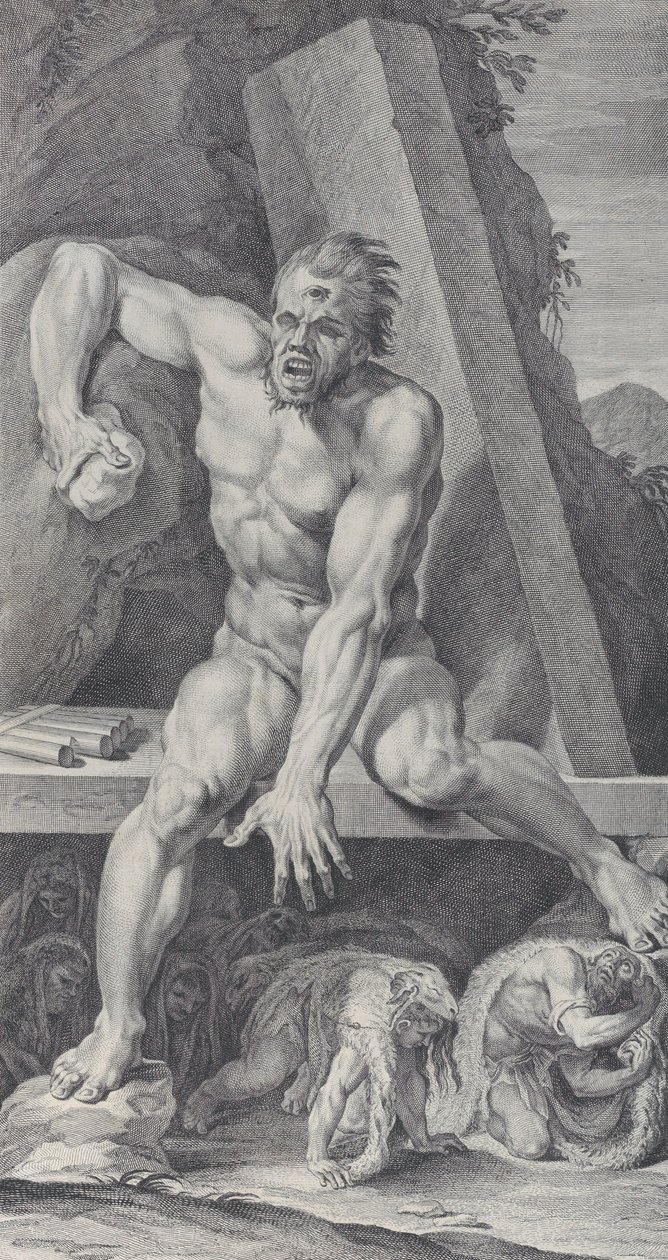 Levha 7: Ulysses ve onun mağarasının girişini koruyan kör Polyphemus,..., 1756 by Bartolomeo Crivellari
