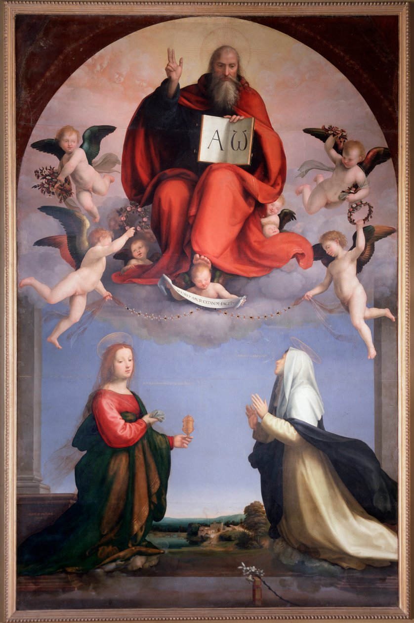 Tanrı, üzerinde Yunanca Alfa ve Omega harflerinin yazılı olduğu bir kitap tutuyor (resim by Bartolomeo Fra