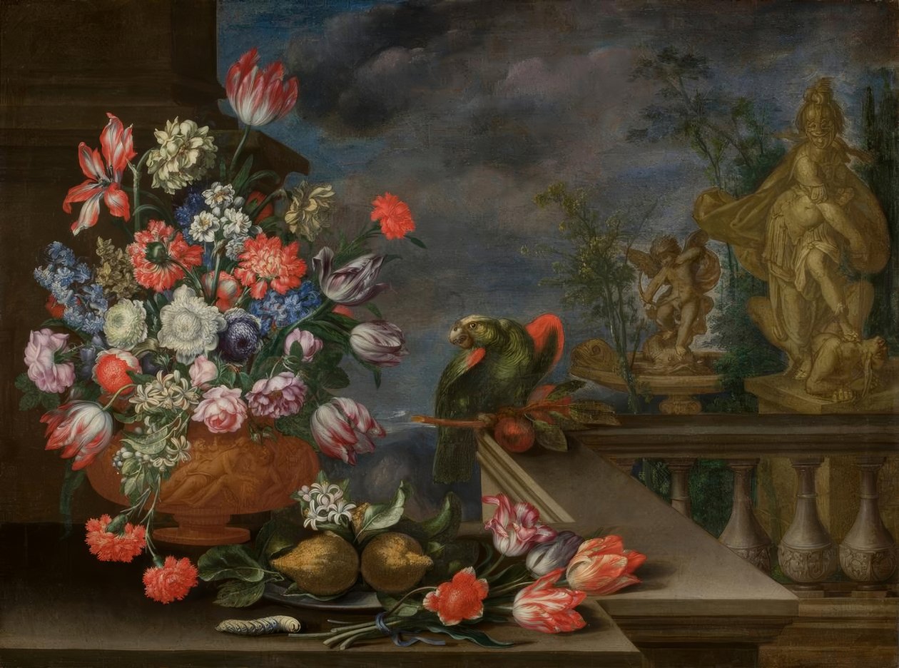 Bir çiçek vazo, narenciye, papağan ve çeşme heykeli ile natürmort by Bartolomeo Ligozzi
