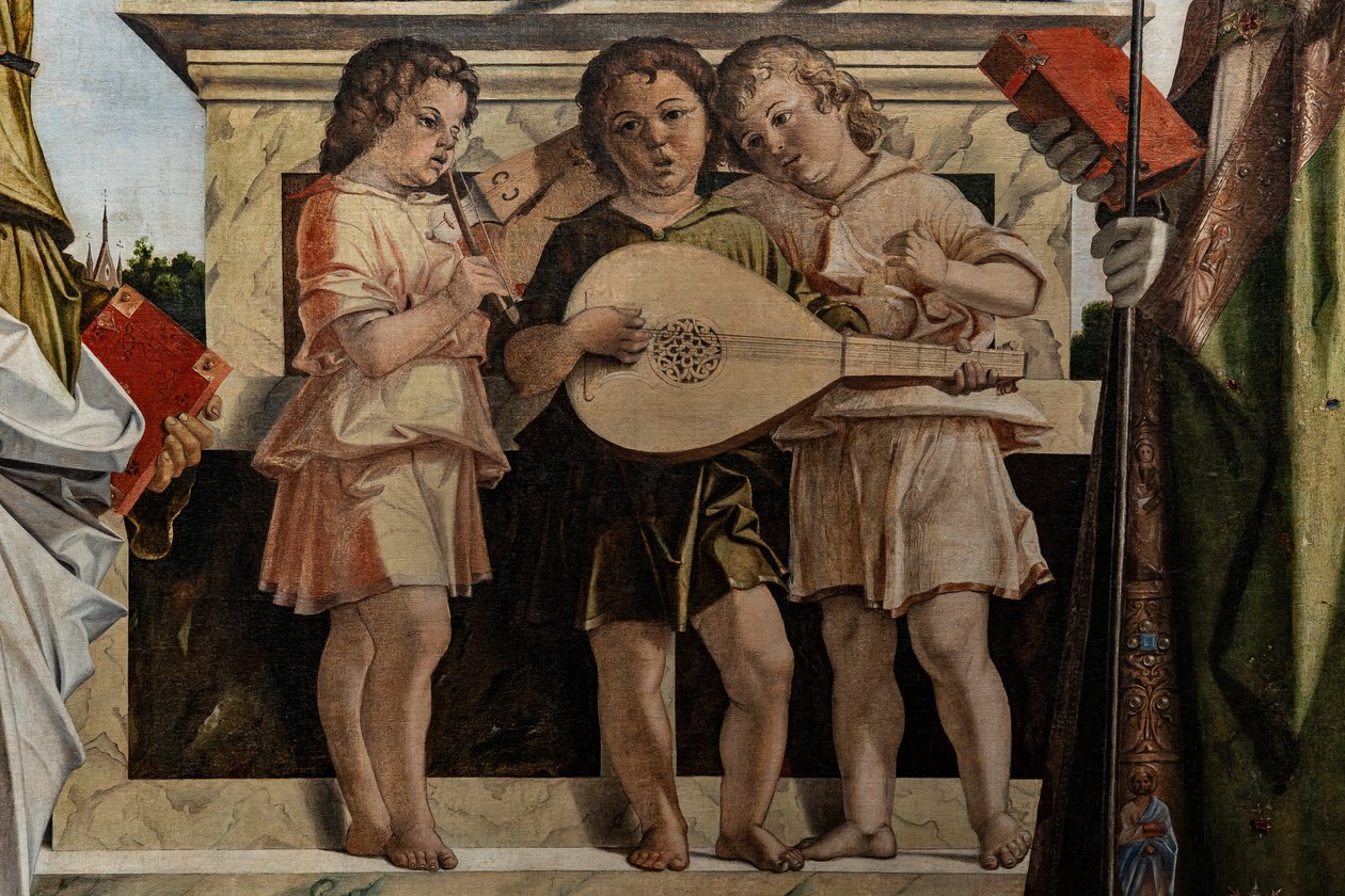 Azizler arasında bebek İsa ile tahtta oturan Madonna, detay by Bartolomeo Montagna