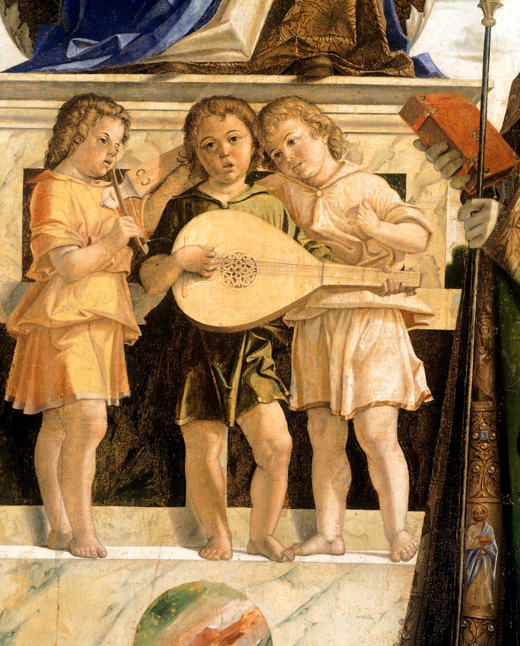 Il Montagna (1450-1523) olarak bilinen Bartolomeo Cincani tarafından Azizler Vaftizci Yahya, Bartolomew ve Sebastian ile Tahtta Madonna ve Çocuk. detay. by Bartolomeo Montagna