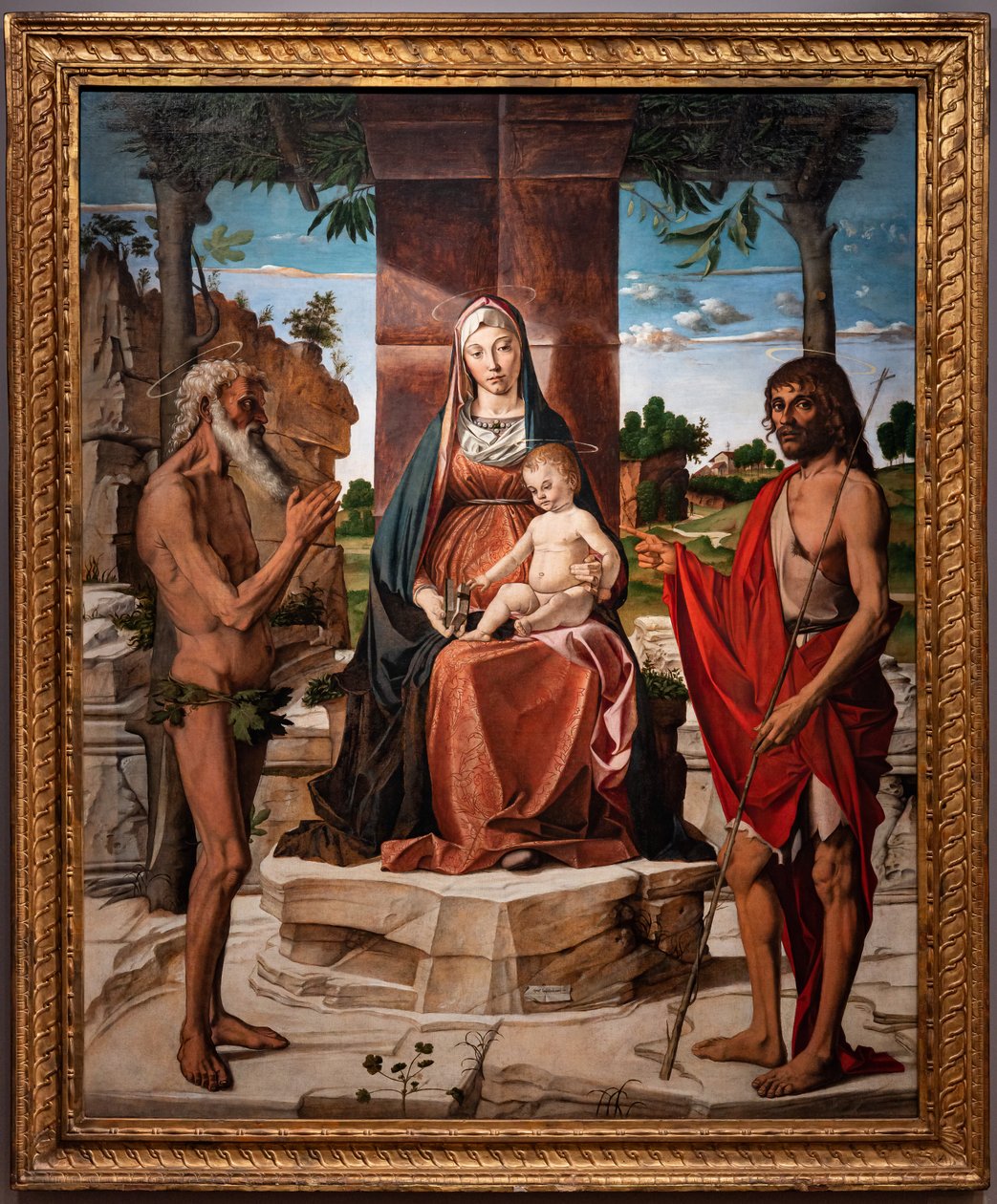 Vaftizci Yahya ve Onuphriusm 1485-86 arasında bir çardak altında bebek İsa ile Madonna (panelde yağlı boya) by Bartolomeo Montagna