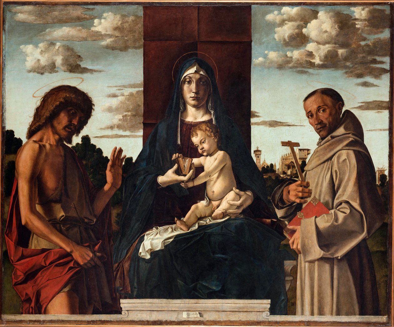 Aziz Francis ve Vaftizci Yahya ile Bakire ve Çocuk Montagna, Bartolomeo (1449-1523). Ahşap üzerine yağlı boya, ebat : 148x180, yaklaşık 1485, Fondazione Cini, Venezia by Bartolomeo Montagna