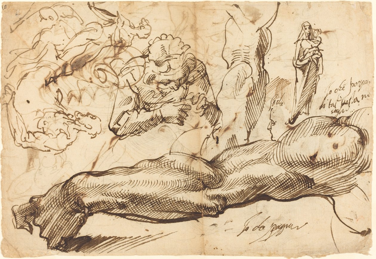 Sol Kol, Genç Kadın, Madonna ve Çocuk, Profilden Bir Yüz ve Çıplak Figürler Çalışmaları by Bartolomeo Passarotti