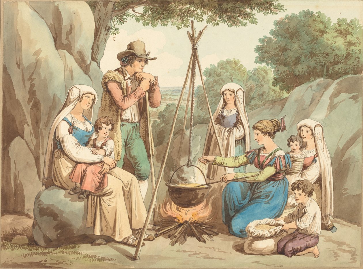Kamp Ateşi Üzerinde Yemek Pişen Köylü Ailesi by Bartolomeo Pinelli
