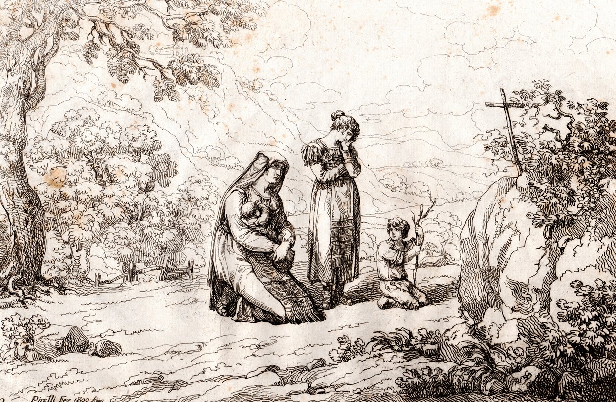 Ciociara kadını, kocasının öldürüldüğü haçın önünde dua ediyor, Bartolomeo Pinelli (Roma) tarafından oyma by Bartolomeo Pinelli