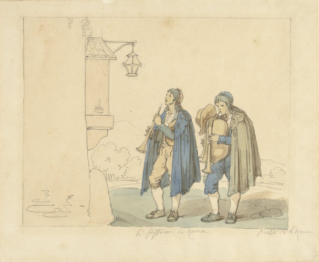 Roma'da Li Pifferari evinin önünde flütçü ve gaydacı (nesnedeki başlık) by Bartolomeo Pinelli