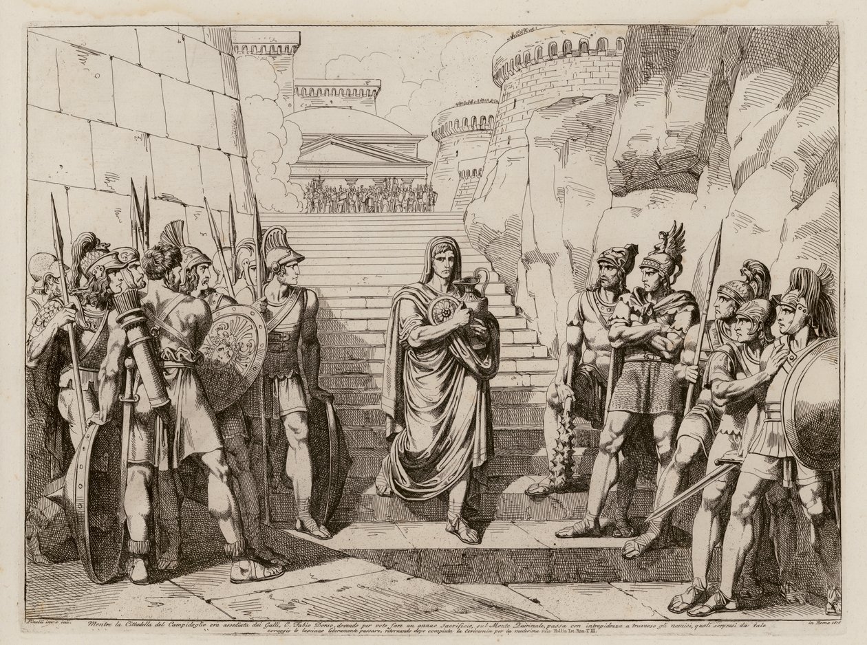 Gaius Fabius Dorsuo kurban kesmeye giderken Galyalılar tarafından rahatsız edilmeden geçer, MÖ 390 (gravür) by Bartolomeo Pinelli