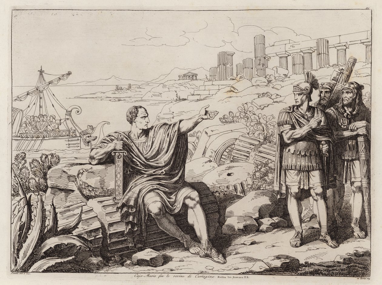 Gaius Marius Kartaca kalıntıları arasında otururken (gravür) by Bartolomeo Pinelli
