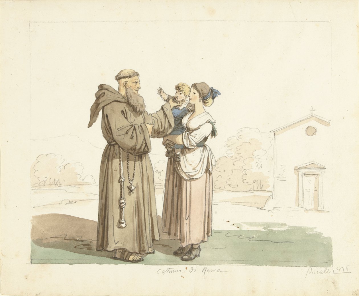 Bir keşişin önünde duran çocuğu olan genç kadın by Bartolomeo Pinelli