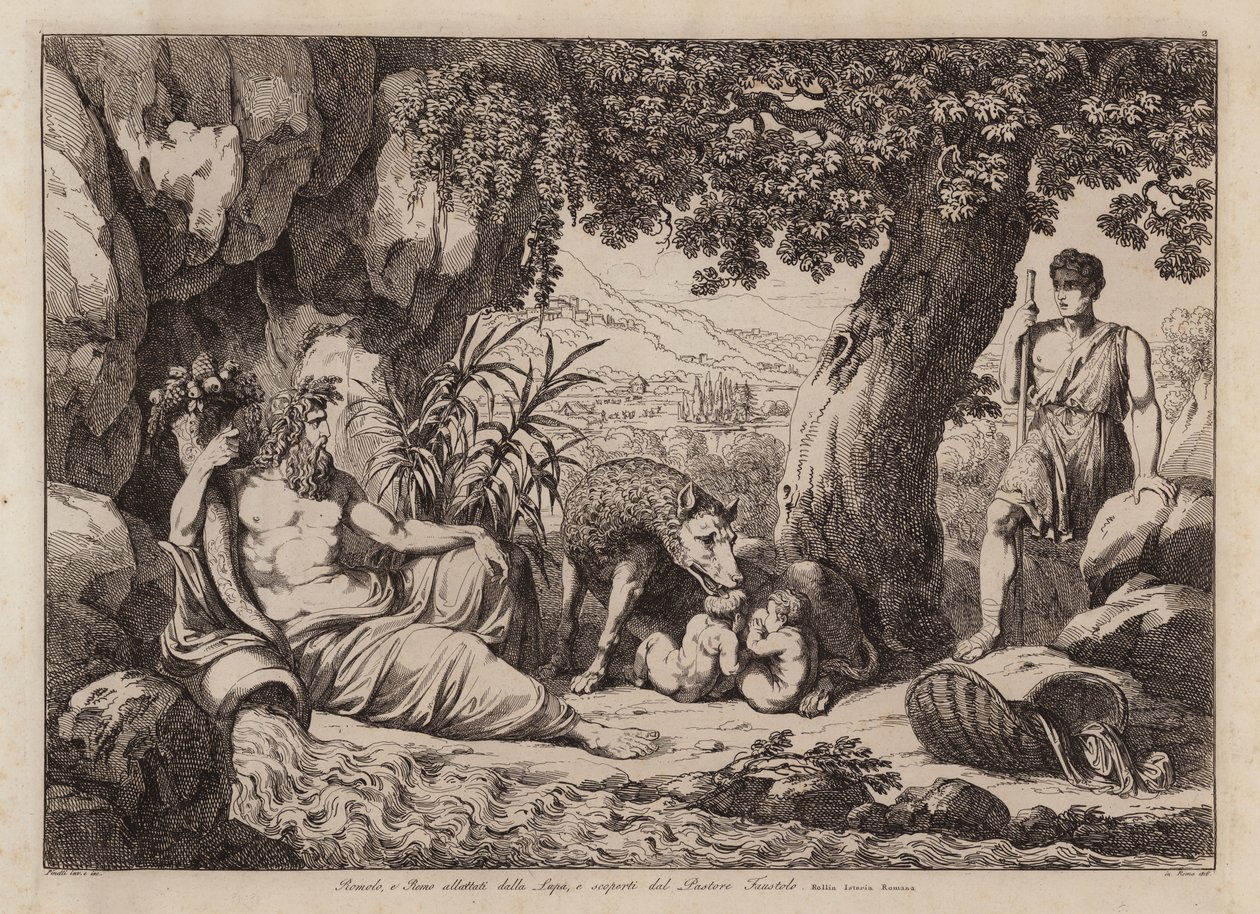 Dişi kurt tarafından emzirilen ve çoban Faustulus tarafından keşfedilen Romulus ve Remus (gravür) by Bartolomeo Pinelli