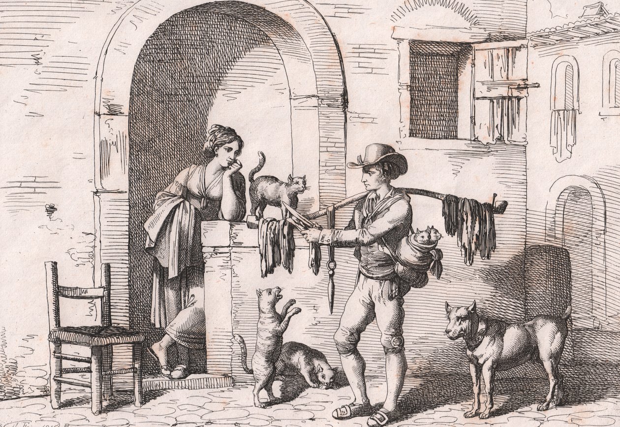 Carnacciaro, kedi etinin sokak satıcısı, Bartolomeo Pinelli tarafından gravür (Roma by Bartolomeo Pinelli