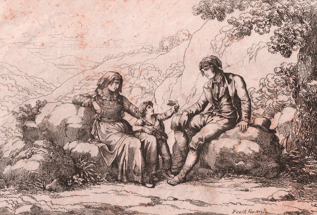 Bir bebeği olan iki halk, Schiavi, Abruzzo, Bartolomeo Pinelli tarafından gravür (Roma by Bartolomeo Pinelli