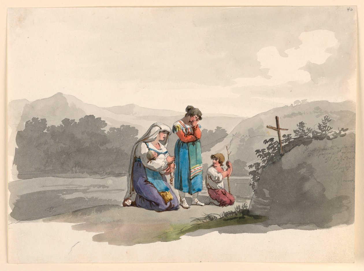 Bebeği Olan Kadın, Kocasının Öldürüldüğü Yeri İşaretlemek için Haç Öncesi Dua Ediyor by Bartolomeo Pinelli