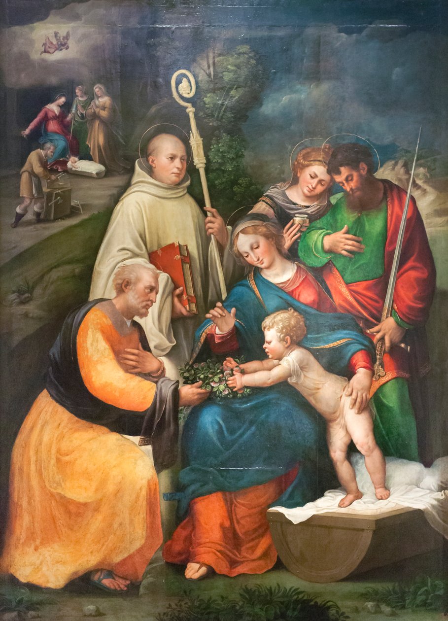 Aziz Benedict, Paul ve Magdalene ile Kutsal Aile by Bartolomeo called Bagnacavallo Ramenghi